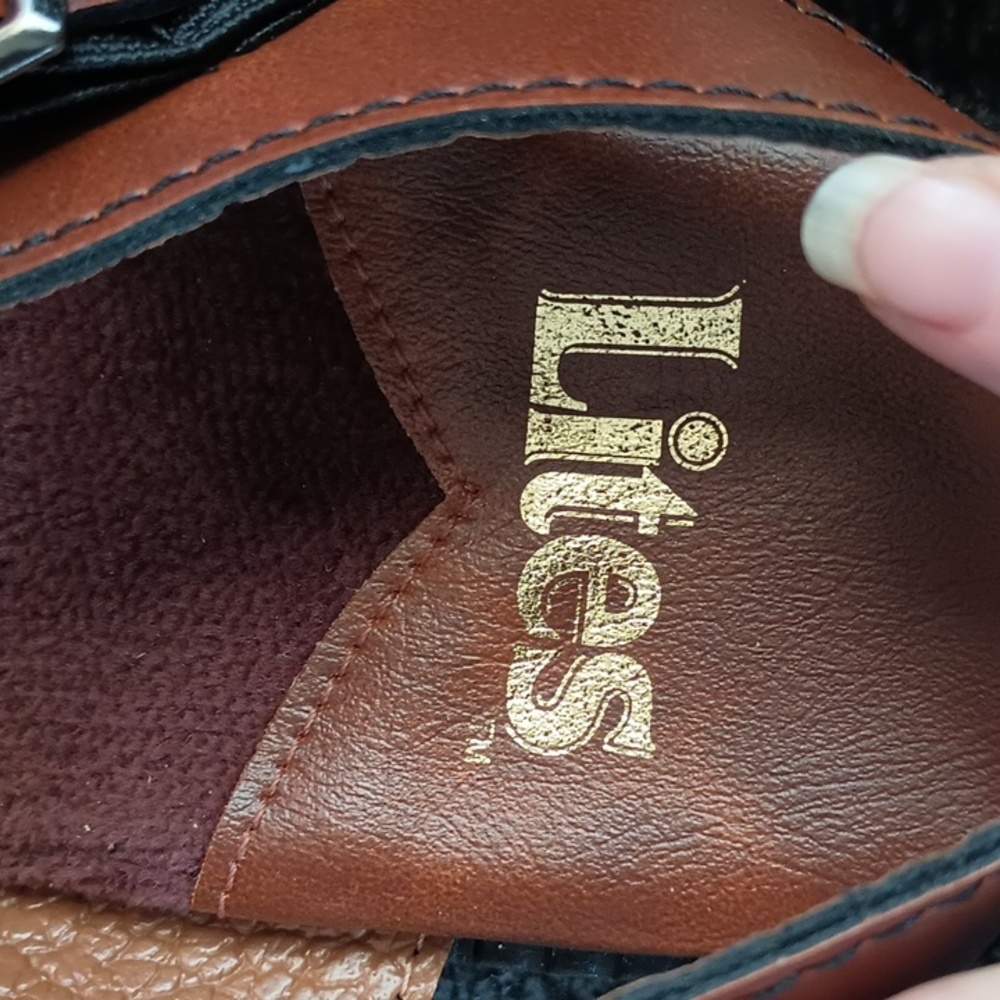 men's Lites brown tan leather adjustable strap sandals with terry cloth liners. - Picture 2 of 5